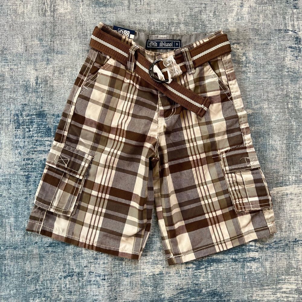 NWT! Boys Old Skool Brown Cream Plaid Cargo Shorts w Matching Belt Size 5